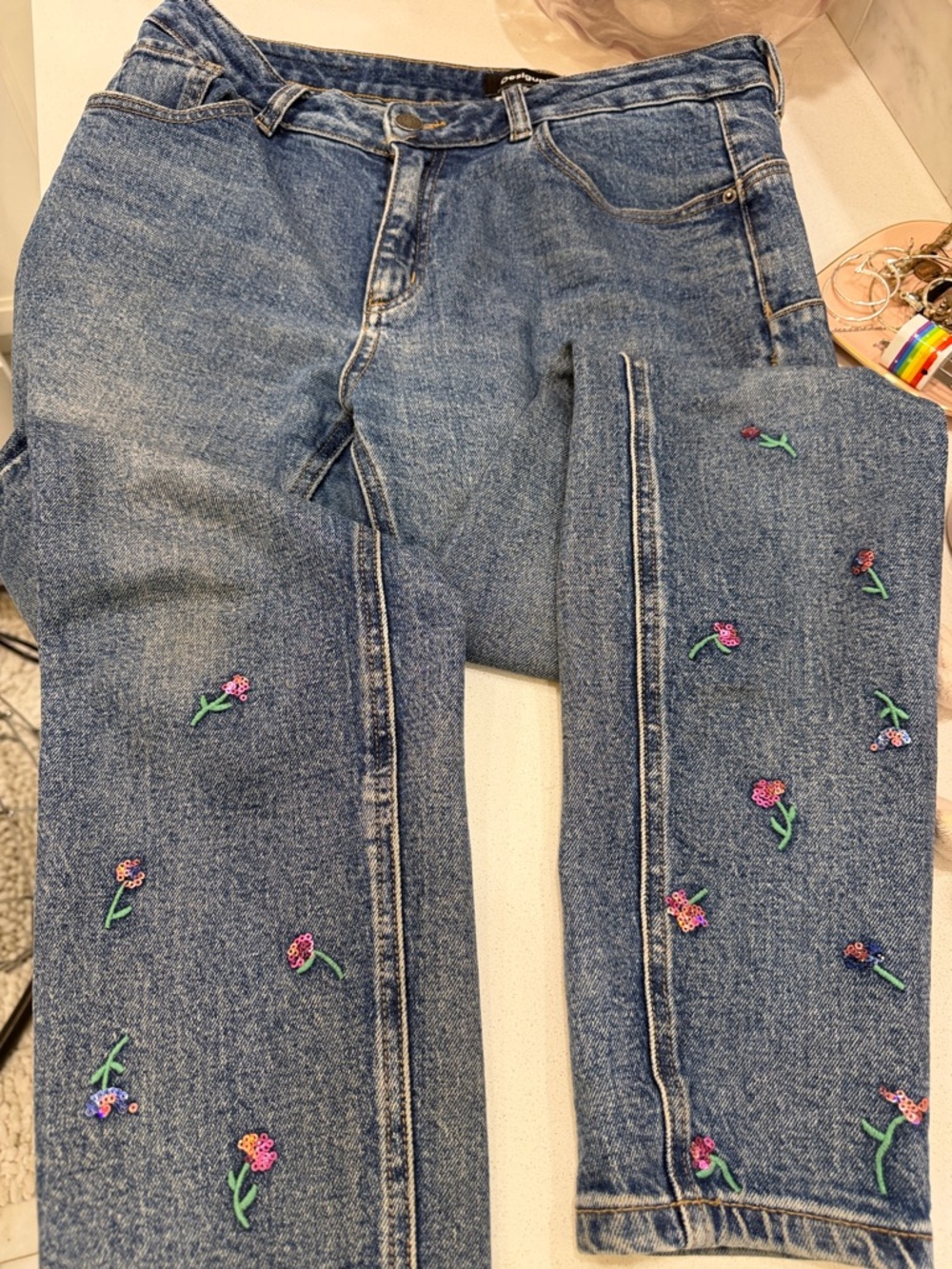 Desigual Blue Denim Straight Leg Jeans with Pink & Green Floral Embroidery